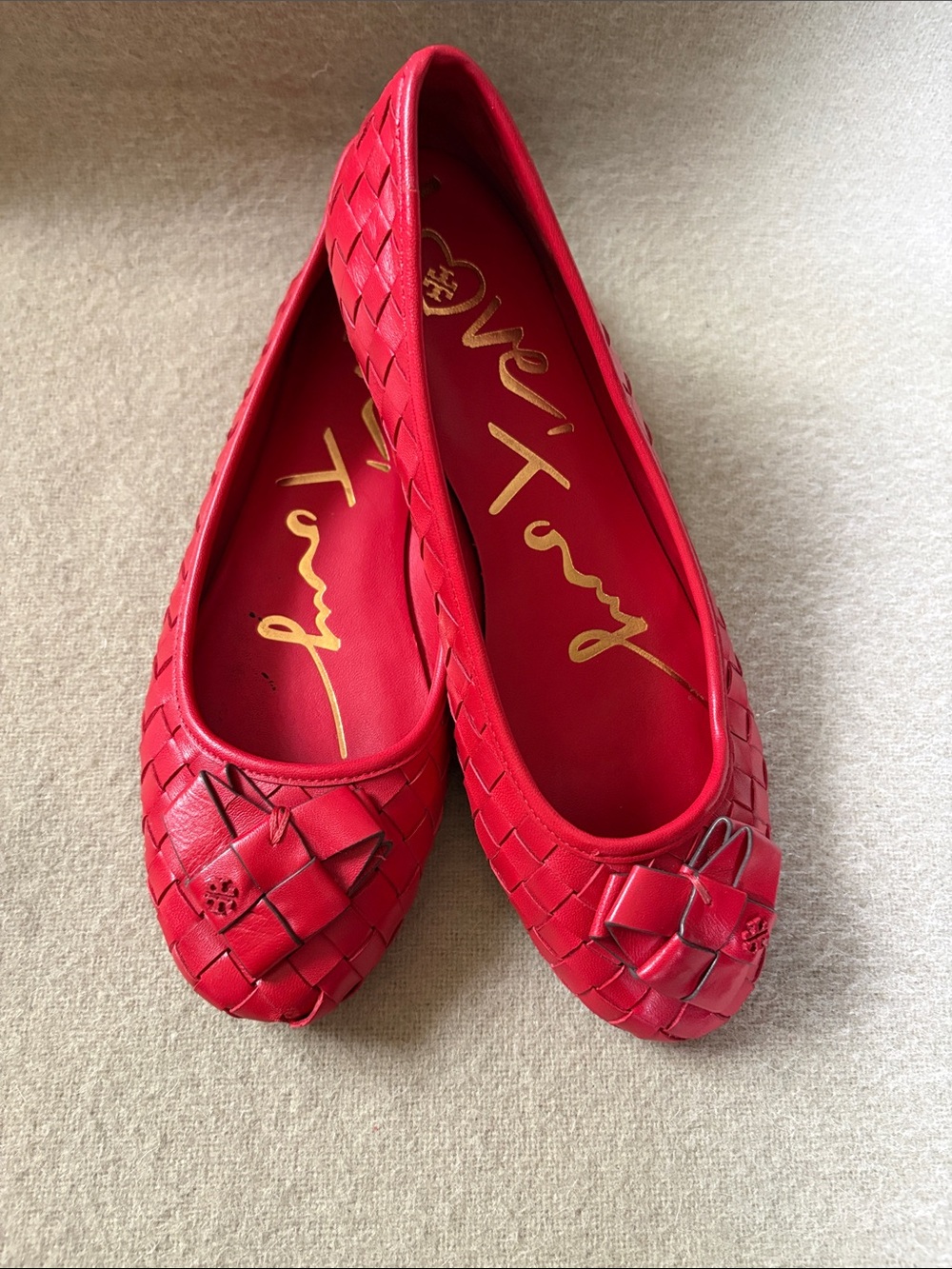 Tory Burch Red Woven Leather Bow Ballet Flats